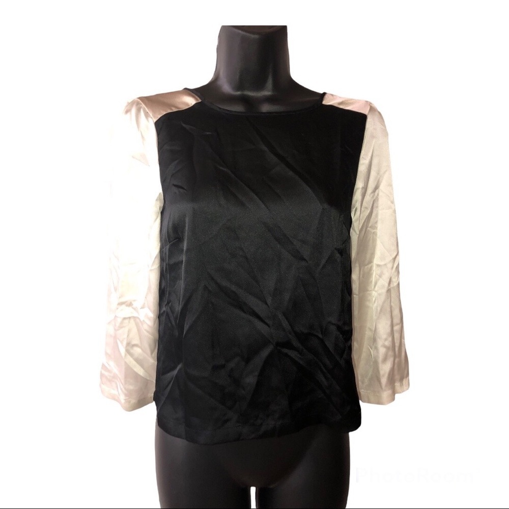 H&M colorblock white black beige satin effect blouse‎ top size small